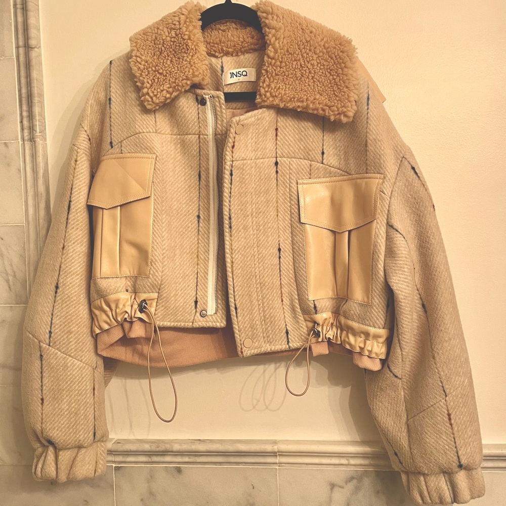 LA JNSQ Oversized Cream Bomber Jacket - Mixed Media